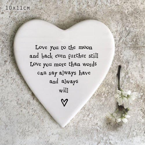 East of India Porcelain Heart Coaster 'Love you to the moon and back .....'