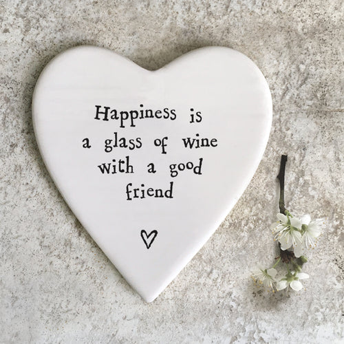East of India Porcelain Heart Coaster 'Happiness is a glass of wine with a good friend.'