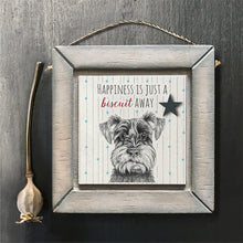 Load image into Gallery viewer, East of India Square Wooden Hanging Picture Dog &#39;Happiness is just a biscuit away.&#39;