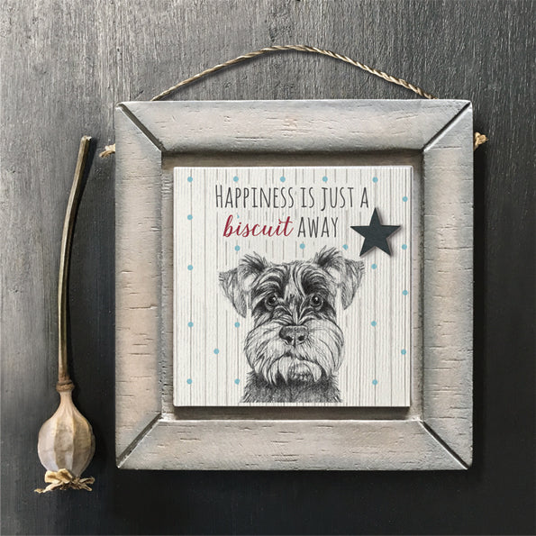 East of India Square Wooden Hanging Picture Dog 'Happiness is just a biscuit away.'