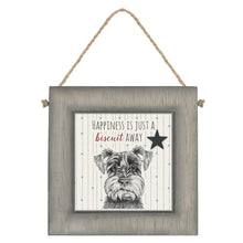 Load image into Gallery viewer, East of India Square Wooden Hanging Picture Dog &#39;Happiness is just a biscuit away.&#39;