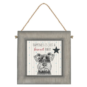 East of India Square Wooden Hanging Picture Dog 'Happiness is just a biscuit away.'