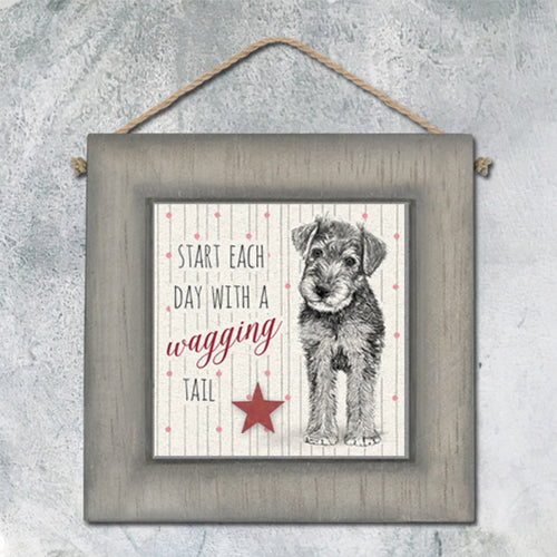 East of India Square Wooden Hanging Picture Dog 'Start each day with a wagging tail'.