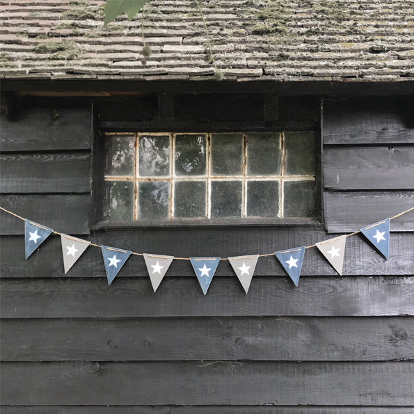 Wooden Cut Out Star Bunting Blue and Grey