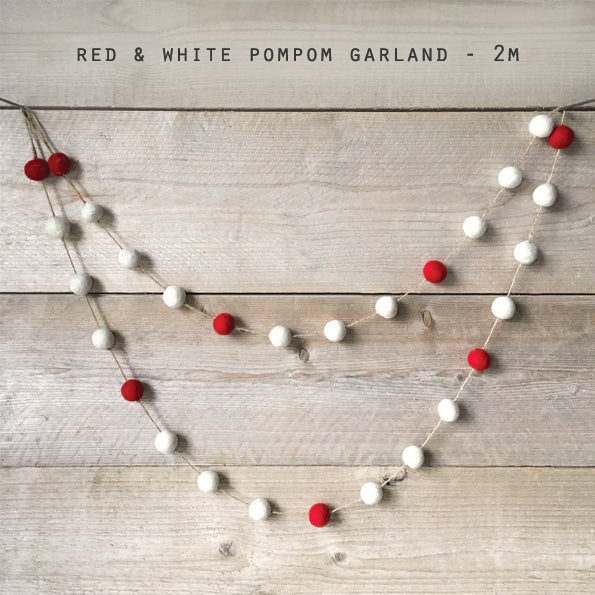 Scandi Style Felt Garland White and red Pom Poms
