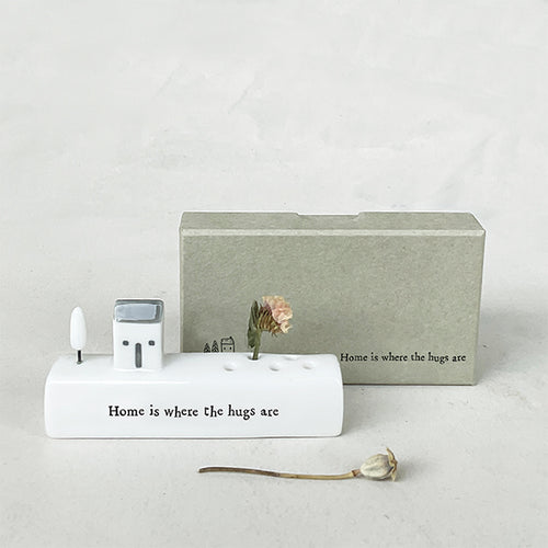 East of India Porcelain Incense/Flower Holder 'Home is where the hugs are'.