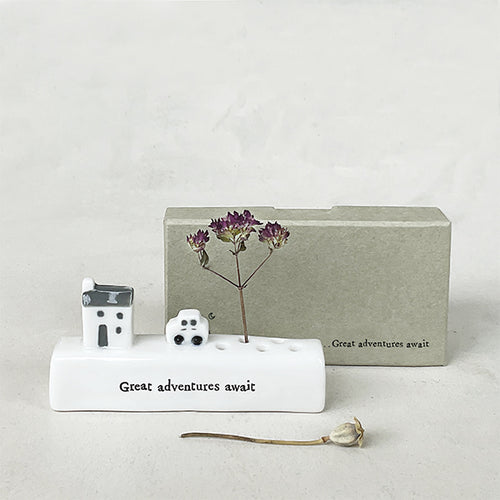 East of India Porcelain Incense/Flower Holder 'Great adventures await'