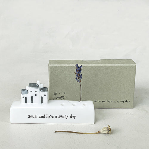 East of India Porcelain Incense/Flower Holder 'Smile and have a sunny day'