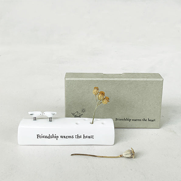 East of India Porcelain Incense/Flower Holder 'Friendship warms the heart'