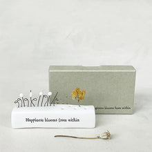 Load image into Gallery viewer, East of India Porcelain Incense/Flower Holder &#39;Happiness blooms from within&#39;