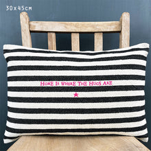 Load image into Gallery viewer, East of India Canvas &#39;Home is where the hugs are&#39; Thick Stripe Cushion