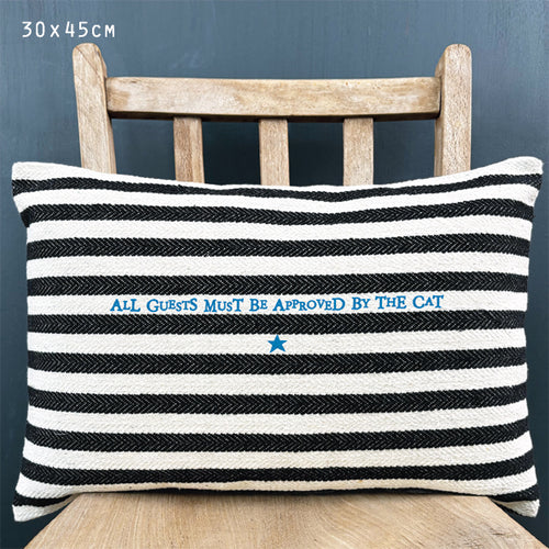East of India Canvas 'All guests approved by the cat'  Stripe Cushion