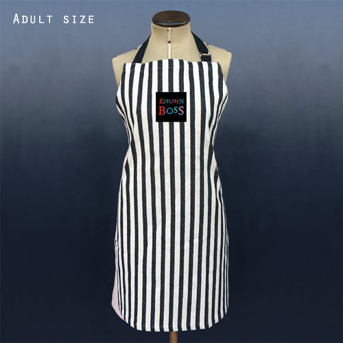 East of India Thick Black Stripe Thick Cotton Apron 'Kitchen Boss'