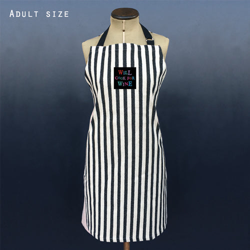 East of India Thick Black Stripe Thick Cotton Apron 'Will Cook For Wine'