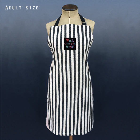 East of India Thick Black Stripe Thick Cotton Apron 'Will Cook For Wine'