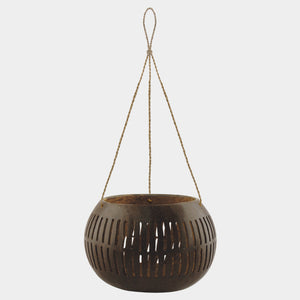 Dark Coconut Hanging Plant Pot - Vertical Lines