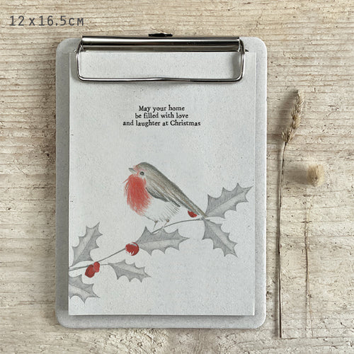 East of India Mini Robin Notepad Clip Board 'May your home be filled with love and laughter at Christmas'