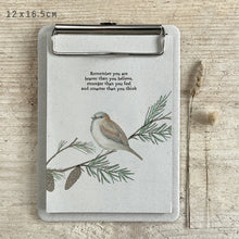 Load image into Gallery viewer, East of India Mini Wren Notepad Clip Board &#39;Remember you ae braver than you believe ....&#39;