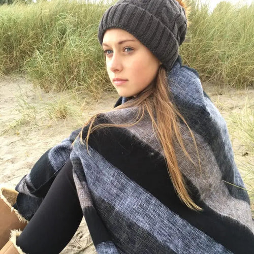 Handmade Fairtrade Stripe Nepali Shawl - Charcoal
