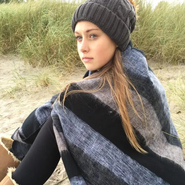 Handmade Fairtrade Stripe Nepali Shawl - Charcoal