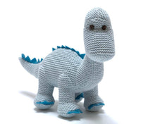 Load image into Gallery viewer, Knitted Organic Cotton Blue Diplodocus Dinosaur Baby Rattle