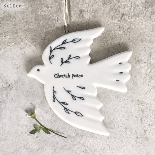 East of India White Porcelain Hanging Dove Decoration 'Cherish Peace'