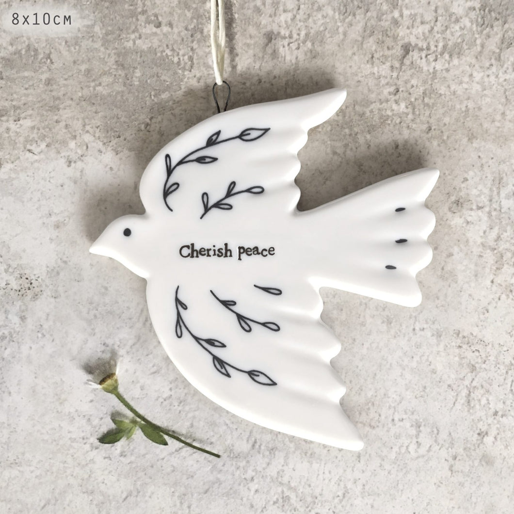 East of India White Porcelain Hanging Dove Decoration 'Cherish Peace'