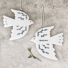 Load image into Gallery viewer, East of India White Porcelain Hanging Dove Decoration &#39;Cherish Peace&#39;