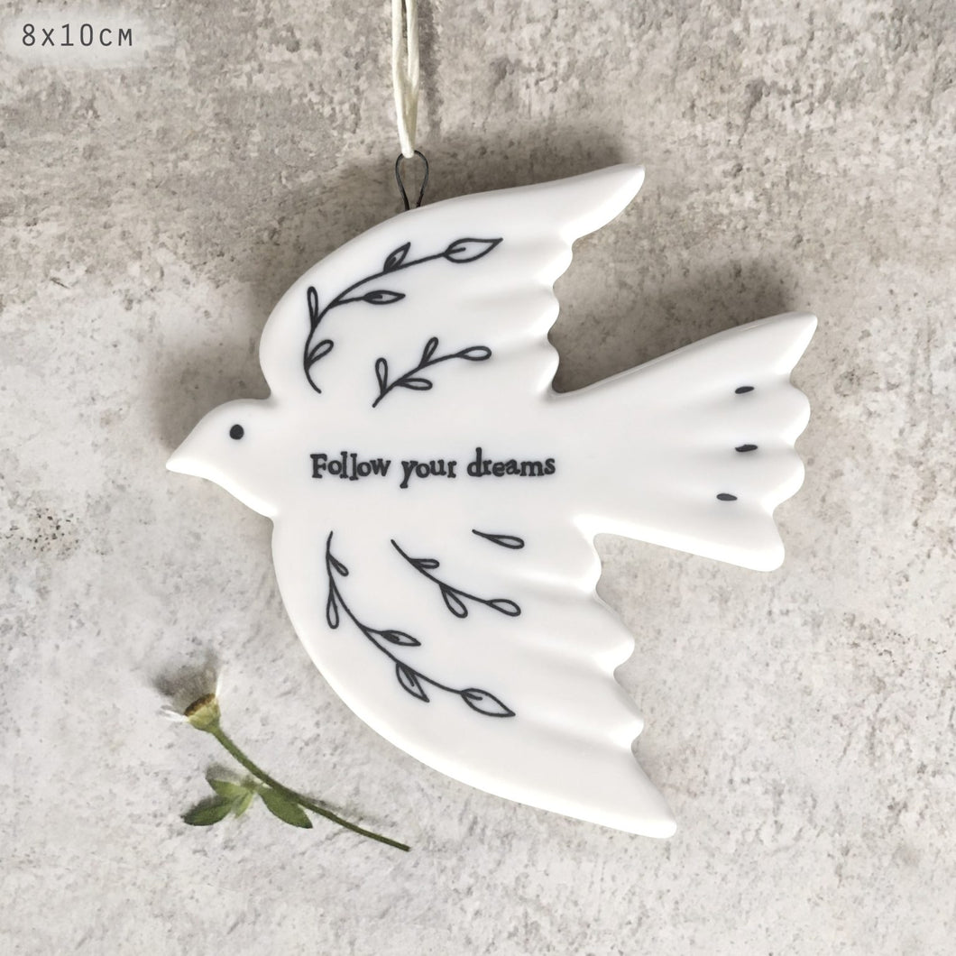 East of India White Porcelain Hanging Dove Decoration 'Follow your dreams'