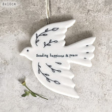 Load image into Gallery viewer, East of India White Porcelain Hanging Dove Decoration 'Sending happiness &amp; peace'
