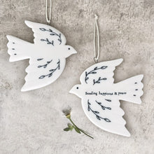 Load image into Gallery viewer, East of India White Porcelain Hanging Dove Decoration 'Sending happiness &amp; peace'