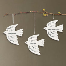 Load image into Gallery viewer, East of India White Porcelain Hanging Dove Decoration 'Sending happiness &amp; peace'