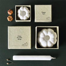 Load image into Gallery viewer, East of India Mini Porcelain Pumpkin Candle Holder 'Happy Days', 'Enjoy the little things'.