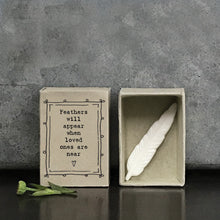 Load image into Gallery viewer, East of India Matchbox Gift - 'Feathers appear when loved ones are near'.