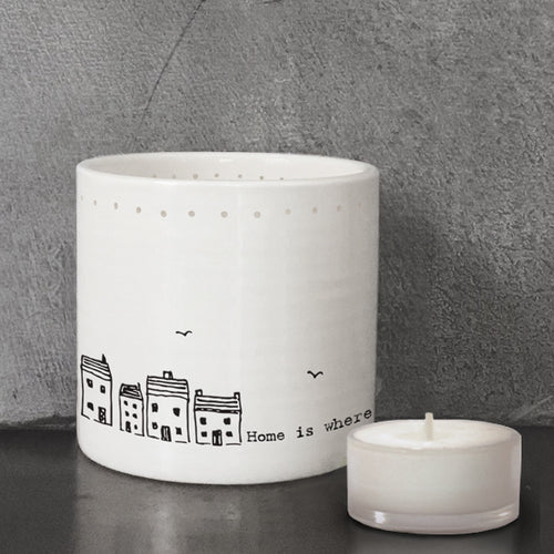 East of India 'Home is where the heart is' Porcelain Tea Light Holder in Gift Box