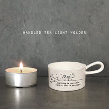 Load image into Gallery viewer, East of India Porcelain Tea Light Holder &#39;Anything is possible with a little sparkle&#39;