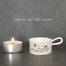 Load image into Gallery viewer, East of India Porcelain Tea Light Holder &#39;Home, family, love&#39;