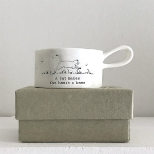 East of India Porcelain Tea Light Holder 'A cat makes a house a home'.