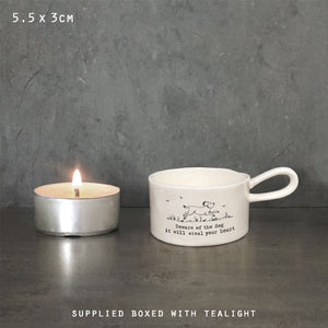 East of India Porcelain Tea Light Holder 'Beware of the dog it will steal your heart'.