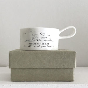 East of India Porcelain Tea Light Holder 'Beware of the dog it will steal your heart'.