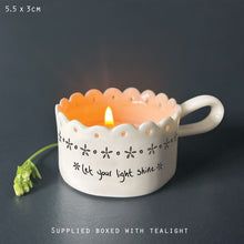 Load image into Gallery viewer, East of India Porcelain Scallop Detail Tea Light Holder 'Let your light shine'
