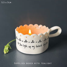 Load image into Gallery viewer, East of India Porcelain Scallop Detail Tea Light Holder 'You light up my darkest day'