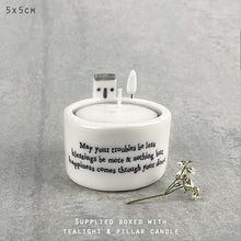 Load image into Gallery viewer, East of India &#39;May your troubles be less ......&#39; Porcelain House Scene Tea Light Holder