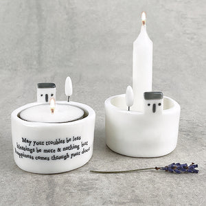 East of India 'May your troubles be less ......' Porcelain House Scene Tea Light Holder