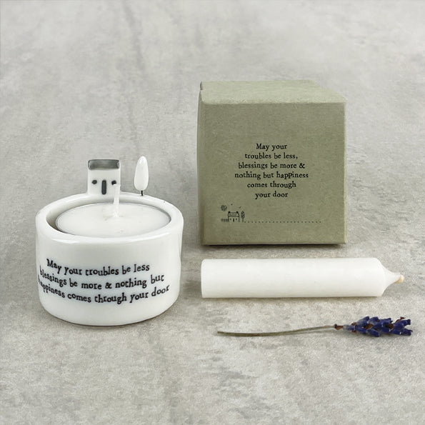 East of India 'May your troubles be less ......' Porcelain House Scene Tea Light Holder