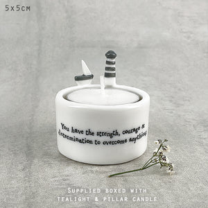East of India 'You have the strength, courage  ......' Porcelain House Scene Tea Light Holder