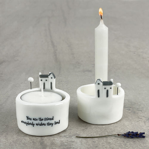 East of India 'You are the friend everybody wishes they had' Porcelain House Scene Tea Light Holder