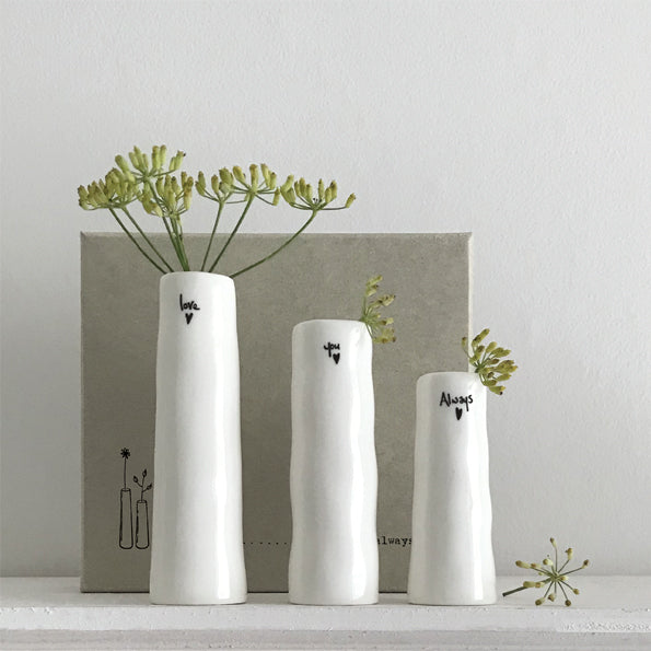 East of India Porcelain Trio of Bud Vases 'Love you always'