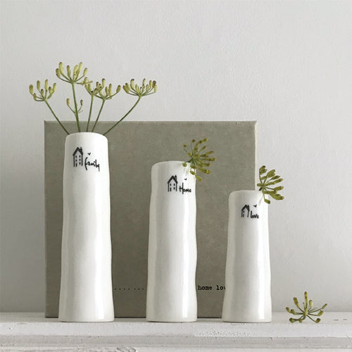 East of India Porcelain Trio of Bud Vases 'Home, family, love'