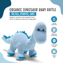 Load image into Gallery viewer, Knitted Organic Cotton Blue Diplodocus Dinosaur Baby Rattle